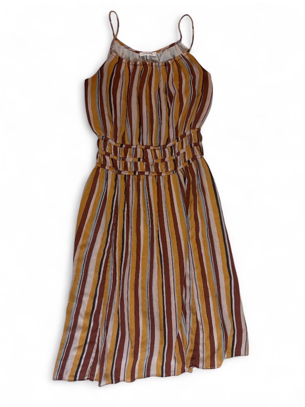 Striped Spaghetti-Strap Midi Dress in Mustard and Brown